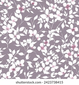 pink seamless vector stock flowers leaves pattern on grey background