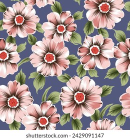 pink seamless vector stock flowers with green leaf pattern on blue background