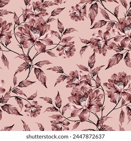 pink seamless vector stock flowers with leaf pattern on background