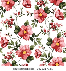 pink seamless vector stock flowers with green leaves pattern of white