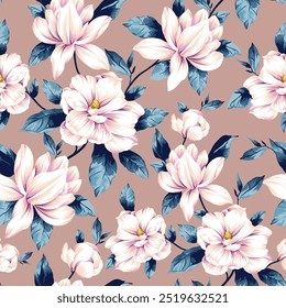 pink seamless vector stock flowers with blue leaves pattern on background