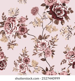 pink seamless vector stock flowers with leaves pattern on pink background