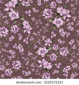 pink seamless vector stock flowers with green leaves pattern on maroon background