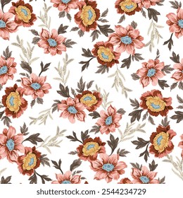 pink seamless vector stock flowers with leaves pattern of white