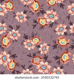 pink seamless vector stock flowers with leaves pattern on background
