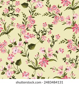 pink seamless vector stock small flowers with green leaves pattern on cream background