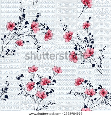 pink seamless vector stock small leaves bunches pattern on blue geometrical bandanna background