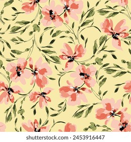 pink seamless vector texture flowers with green leaves pattern on yellow background