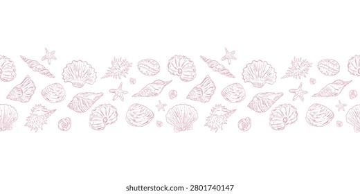 Pink Seashell Hand Drawn Vector Seamless Border. Coastal Marine Frame Design