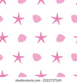 Pink seashell and starfish beach summer seamless pattern. Vector illustration of loopable background isolated on white. Bright summer design of sea underwater marine life animals for textile, print