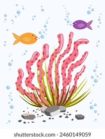 Pink seaweed. Two fishes and stones. Vector graphics. Underwater life.