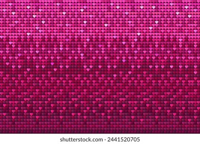 Pink Sequin Hearts Texture, Seamless Background. Shiny Valentines Paillettes Pattern, Glitter Holiday Backdrop
