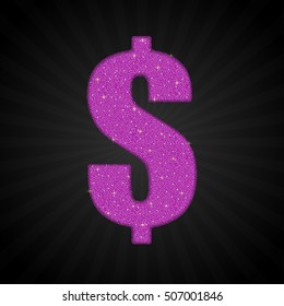 Pink Sequin Sing Symbol. Pink Sparkle, Mosaic, Glitter Letter, Star. Dollars sign icon. USD currency symbol. Money Label. Gray flat button with shadow. Modern UI website navigation.