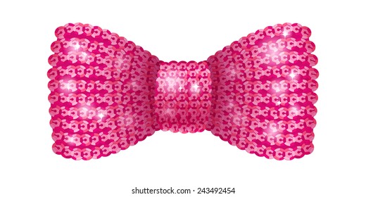 Pink sequins bow tie. Glamorous glitter formal wear. Decoration element.