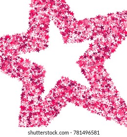 Pink Sequins. Bright Pink Stars on a White Background. Modern Fashionable Background. Pink Sequins Background for Wrapping Paper, Postcards, Banners, Prints. Abstraction with Pink Stars.