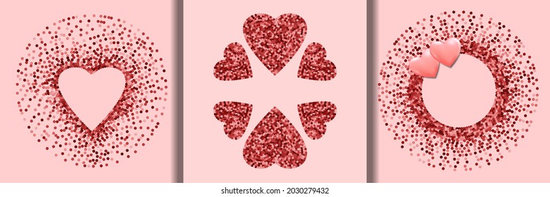 Pink sequins heart frames set. Happy Valentines Day cards. Vector romantic templates with text place for textile and interior prints, greeting cards, covers