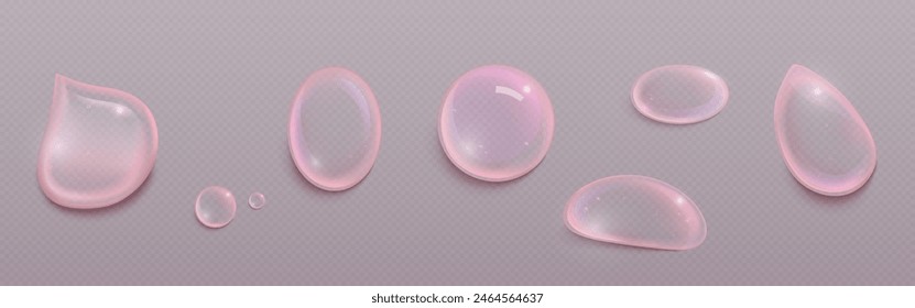 Gotas de suero rosa aisladas sobre fondo transparente. Ilustración realista de Vector de burbujas de gel abstracto, gotas de esencia de colágeno, muestras de cosméticos para el cuidado de la piel de la cara, frotis de loción de humedad