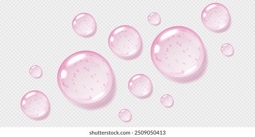 Pink serum drops, transparent gel droplets, realistic glossy liquid, moisturizing cosmetic product, hyaluronic acid concept. Vector illustration.