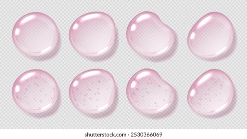 Pink serum drops, transparent gel droplets, realistic glossy liquid, moisturizing cosmetic product, hyaluronic acid concept. Vector illustration.