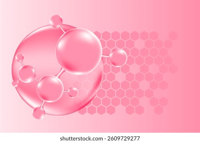 Pink serum molecule icon, collagen, peptide or hyaluronic acid. Vitamin solution complex with honeycomb texture gradient background with copy space for beauty treatment, nutrition skin care
