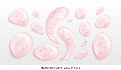 Pink serum oil drop collection - transparent liquid droplets with bubbles and glossy surface. Cosmetic essence splash of organic shapes, rose color and realistic glow for skincare product design.