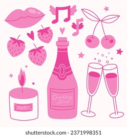 Pink set cartoon illustration of romantic objects. Cartoon bottle with glasses and fruit