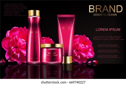 Pink set cosmetic ads template with peony flowers, vector realistic illustration cosmetic mockup  on the black background