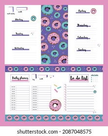 Pink set of cute girly daily planners and weekly planner for each week and each day of the week with pink and blue donuts 