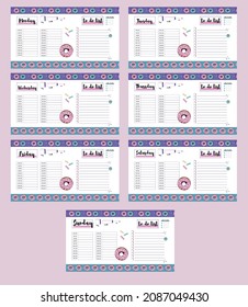 Pink set of cute girly daily planners  for each day of the week with pink and blue donuts 