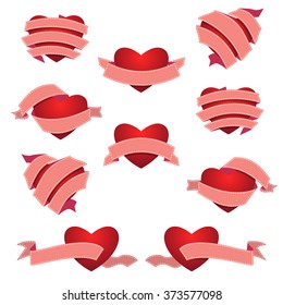 Pink Set of Heart and Ribbon. Vector illustration. 