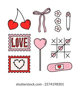 Pink set of love coquette elements. Coquette Valentine's day Y2k vector set. Stamps, heart, patch, bow, tic-tac-toe, flowers, cherry