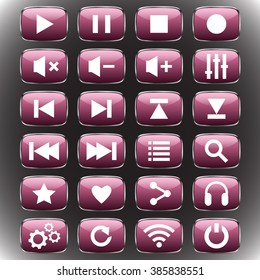 pink set Media Player Rounded square web button isolated.