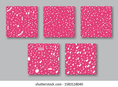 Pink set patterns hand drawn party doodle happy birthday  background. With air balloons, candles, stars, gifts, confetti, and bunting flags garlands. - Vector
