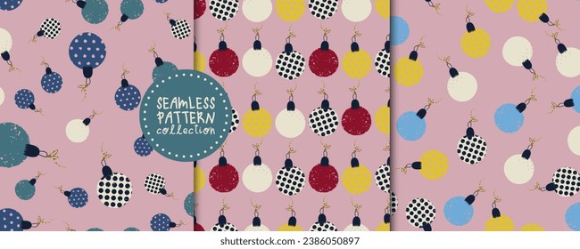 Conjunto rosa de patrones impecables con juguetes navideños. Fondos vectores, impresiones, diseños