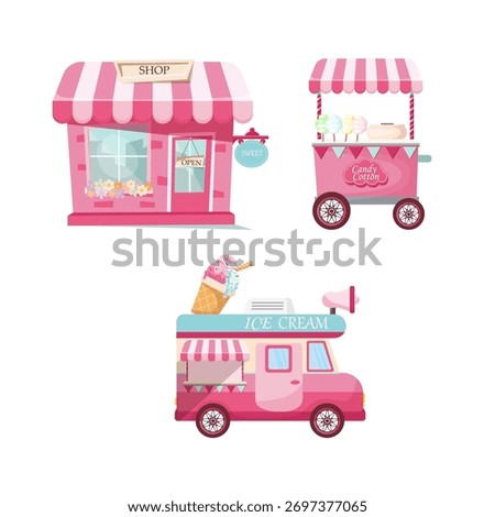 Pink set with sweets shop, cotton candy and ice cream van isolated on white background, mobile store template illustration, cute cart with wheels, striped pink design.