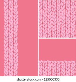 Pink set of three knit textile seamless patterns and backgrounds
