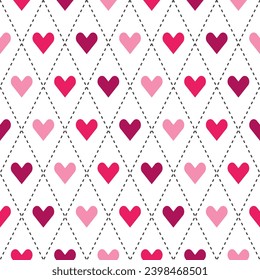 Pink shade argyle pattern with heart inside. Argyle vector pattern. Argyle pattern. Seamless geometric pattern for clothing, wrapping paper, backdrop, background, gift card, sweater.