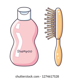 Pink shampoo bottle and hair brush or comb isolated