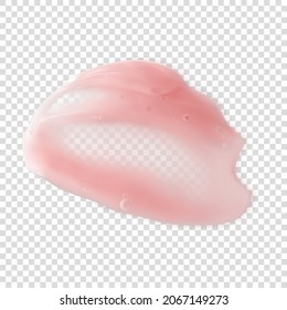 Muestra de frotis de champú rosa o gel de ducha con burbujas 3d vector ilustración realista aislado. Higiene, cuidado de la piel y del cuerpo, mancha cosmética