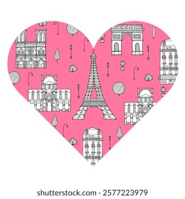 Pink shape of a heart with Paris famous city landmarks and buildings vector hand drawn illustration. Symbol of Paris and love. Vintage drawing painted by inks for print or design
