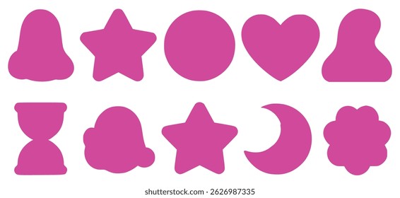 Pink shapes including stars circles heart hourglass moon and other decorative elements