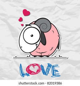 Pink sheep cartoon character on a paper-background. Vector illustration.