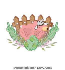 pink sheep farm with garden and fence