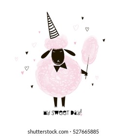 pink sheep with sweet cotton, doodle nursery illustration