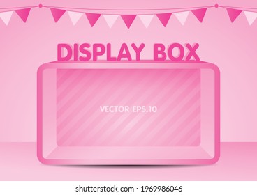 Pink shelf box display 3d illustration vector for putting your object with cute rail flag on pastel pink background