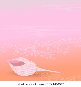 Pink shell is on the sand by the seashore.