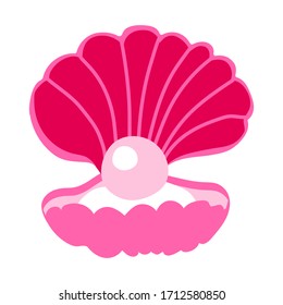 Pink shell with a pearl in a flat style. Vectra clip art, sticker, nautical theme. Design underwater world and aquariums. Treasures deep in the ocean. Cute seashell with a surprise. Prints for