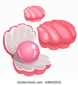 Pink shell with pearl isolated on white background. Precious stones of natural origin. Vector illustration.