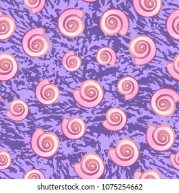 Pink shell with spotted purple texture. Vector seamless pattern.