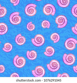 Pink shell with water blue texture. Vector seamless pattern.